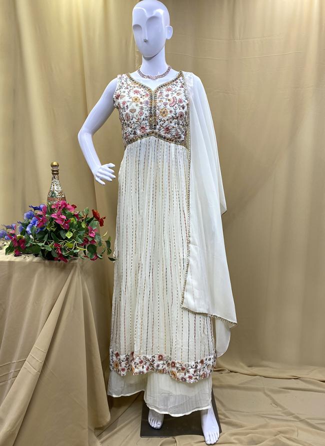 Georgette White Party Wear Hand Work Readymade Anarkali Suit